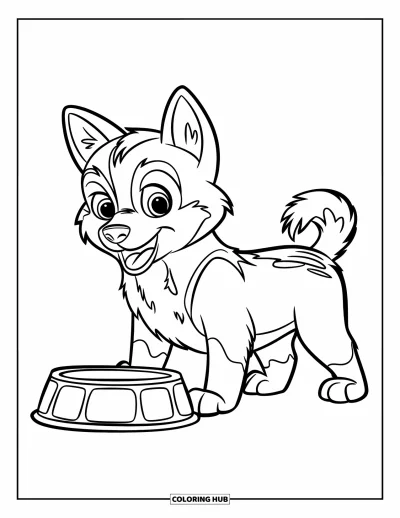 Coloriage de chiot husky pour enfants : Un chiot joyeux se tient près d'une gamelle dans une scène simple et facile à colorier
