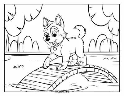 Coloriage de chiot husky pour enfants : Un chiot heureux la langue pendante traverse un pont près d'arbres feuillus