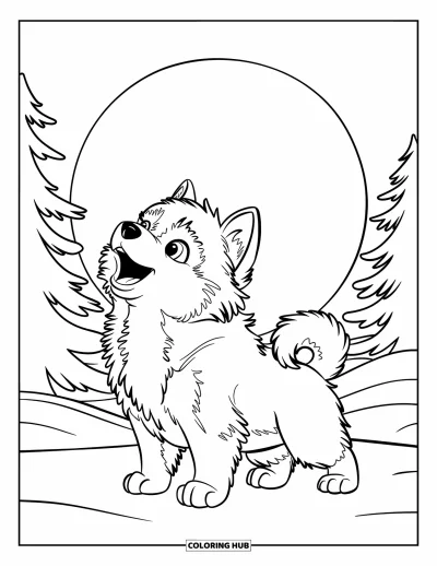 Coloriage de chiot husky pour enfants : Un husky qui hurle debout sur la neige sous la lune entouré d'arbres