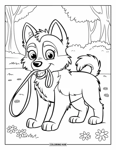 Coloriage de chiot husky pour enfants : Un husky tenant une laisse dans la gueule, prêt pour une promenade dans la campagne