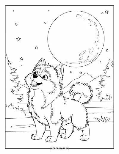 Coloriage de chiot husky pour enfants : Un husky hurle vers une pleine lune avec des étoiles et des arbres de montagne en arrière-plan