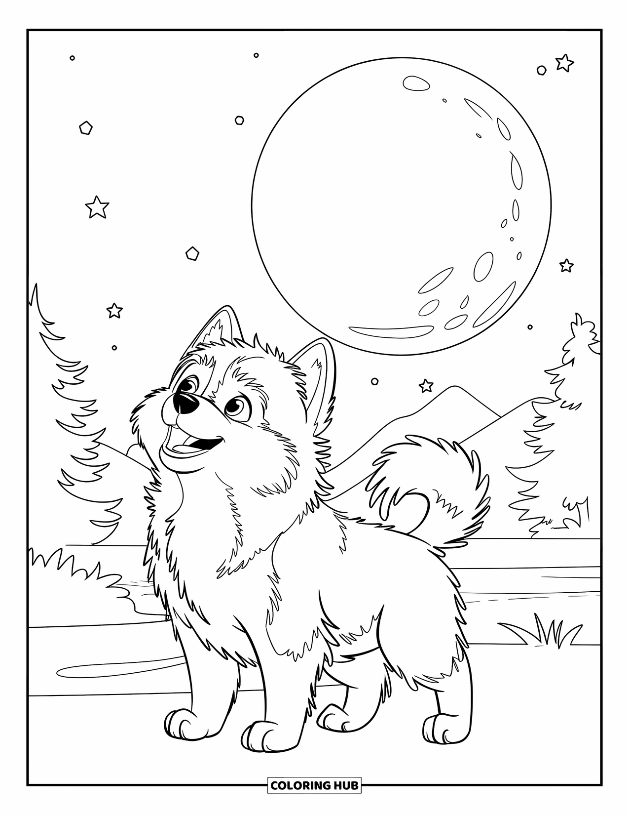 Husky Puppy Coloring Page for Kids: Husky howls at a big full moon with stars and mountain trees behind