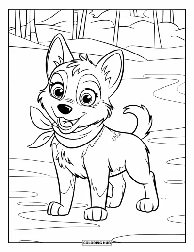 Coloriage de chiot husky pour enfants : Un husky en écharpe debout sur la neige près des arbres