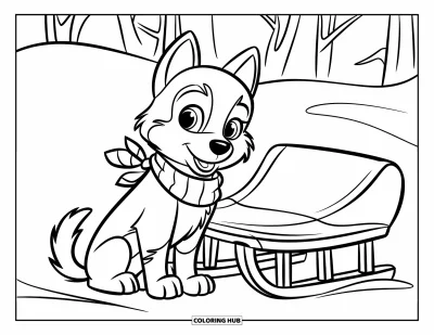 Coloriage de chiot husky pour enfants : Un husky en écharpe chaude se repose près d'un traîneau garé