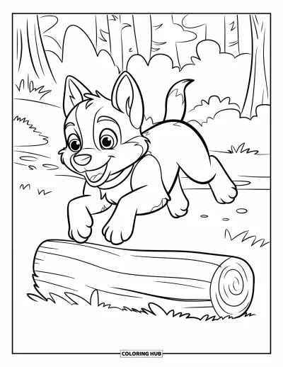 Coloriage de chiot husky pour enfants : Un husky saute par-dessus un tronc sur un sentier boisé avec le sourire
