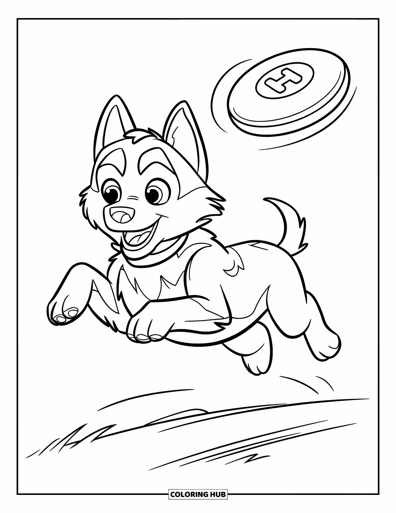 Husky Puppy Coloring Page for Kids: Husky mid-air chasing a flying disc over a grassy field