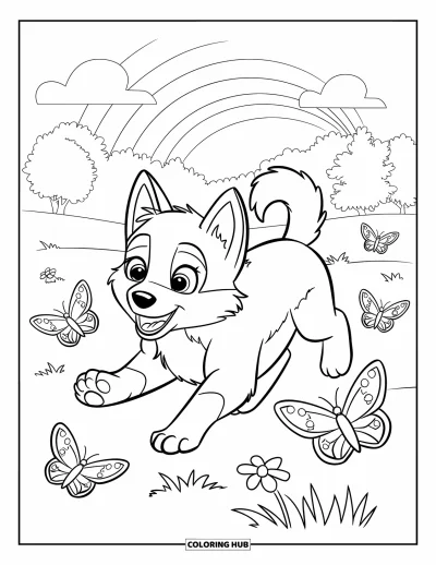 Coloriage de chiot husky pour enfants : Un chiot husky joue dans un pré avec des papillons et un arc-en-ciel au-dessus