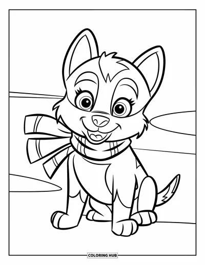 Coloriage de chiot husky pour enfants : Un chiot husky en écharpe assis sur la neige avec de grandes formes simples