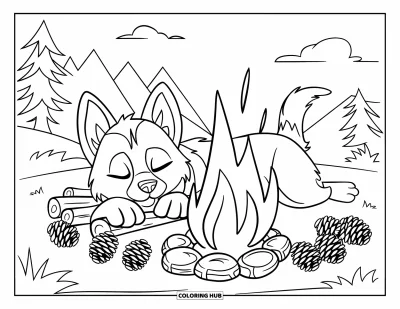 Coloriage de chiot husky pour enfants : Un chiot husky qui fait la sieste près d'un feu de camp entouré de pommes de pin