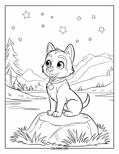 Coloriage de chiot husky pour enfants : Un chiot husky assis sur un rocher, le regard levé vers les étoiles