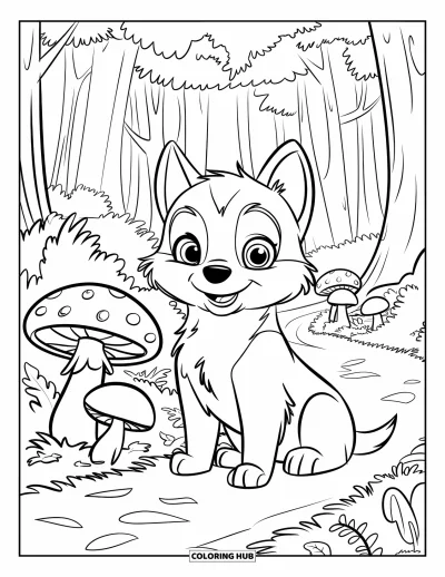 Coloriage de chiot husky pour enfants : Un husky assis tranquillement sur un sentier avec des champignons et des arbres forestiers