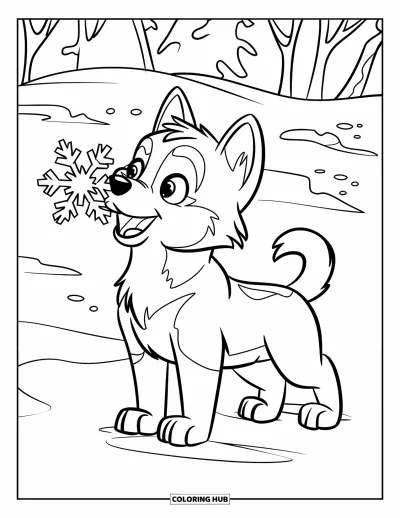 Coloriage de chiot husky pour enfants : Un husky debout sur la neige attrape des flocons sous des arbres saupoudrés de neige