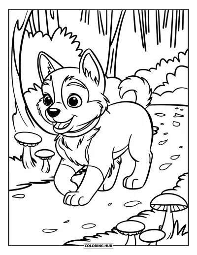Coloriage de chiot husky pour enfants : Un husky marche sur un sentier forestier avec des champignons et des feuilles éparpillées