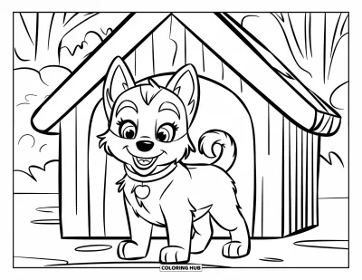Coloriage de chiot husky pour enfants : Un husky avec un collier se tient près d'une niche au toit rouge dans une scène joyeuse