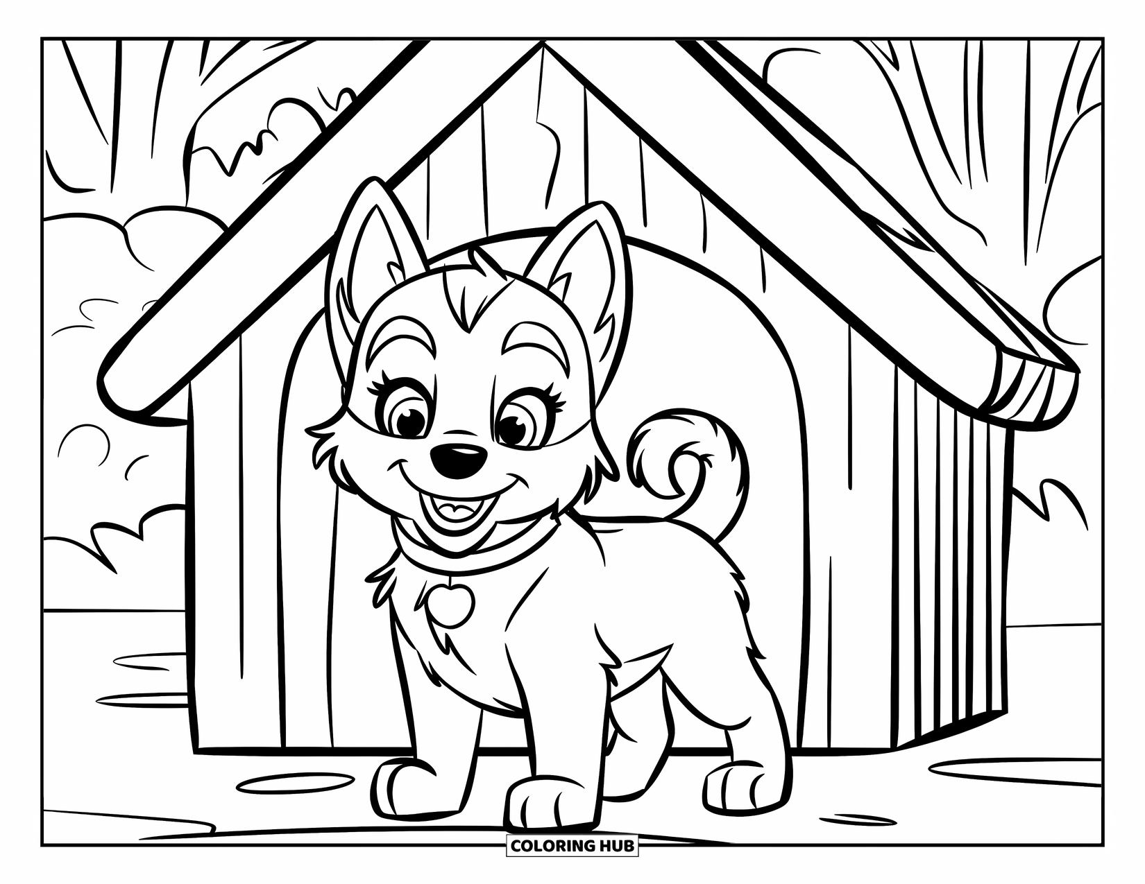 Husky Puppy Coloring Page for Kids: Husky with collar stands by a red-roofed doghouse in a happy scene