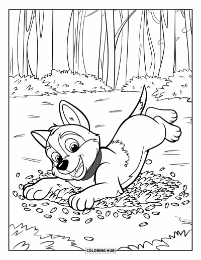 Coloriage de chiot husky pour enfants : Un husky espiègle se roule dans les feuilles sous de grands arbres forestiers