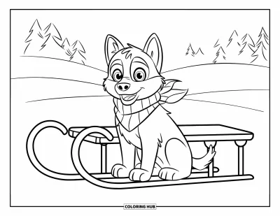 Coloriage de chiot husky pour enfants : Un chiot espiègle en écharpe près d'un traîneau dans une forêt hivernale