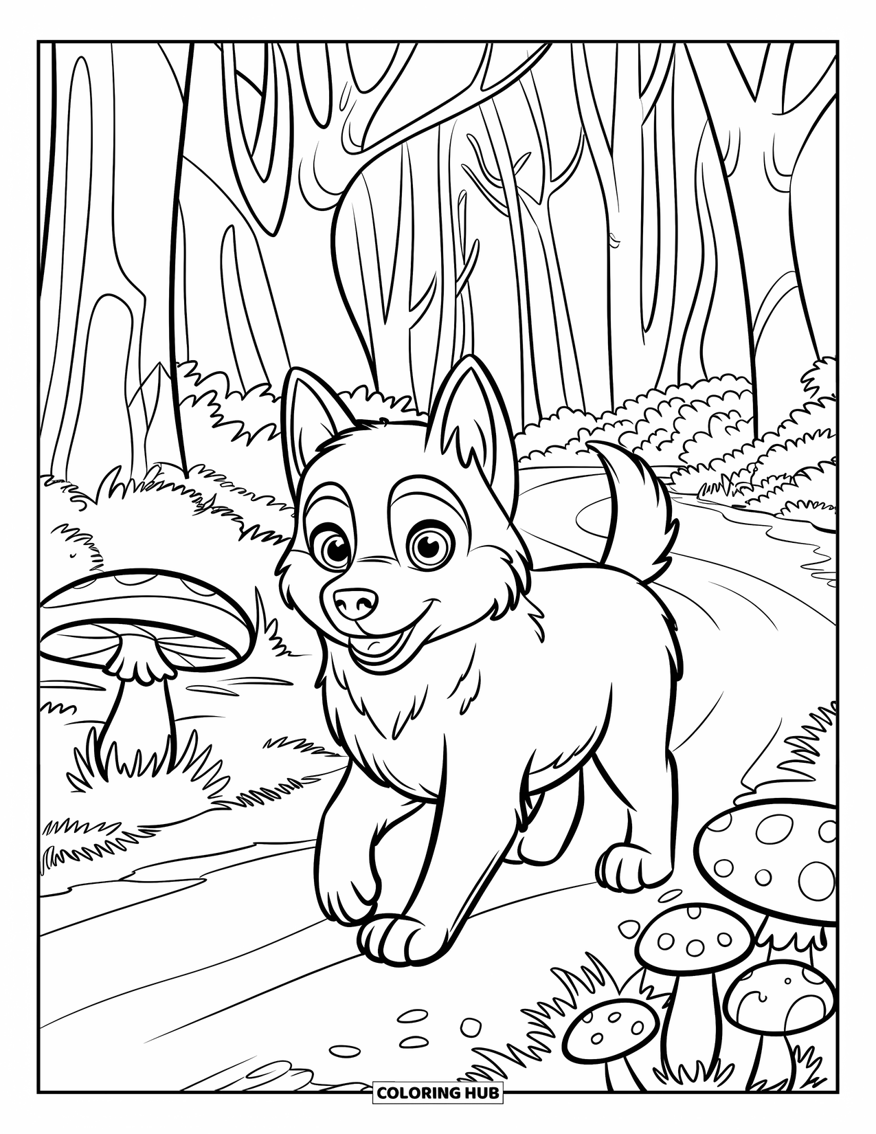 Husky Puppy Coloring Page for Kids: Playful pup on a dirt path with mushrooms and autumn leaves