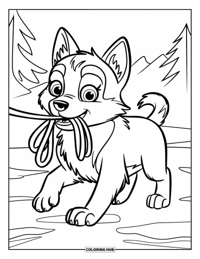 Coloriage de chiot husky pour enfants : Un chiot espiègle attend une promenade sur un sentier enneigé