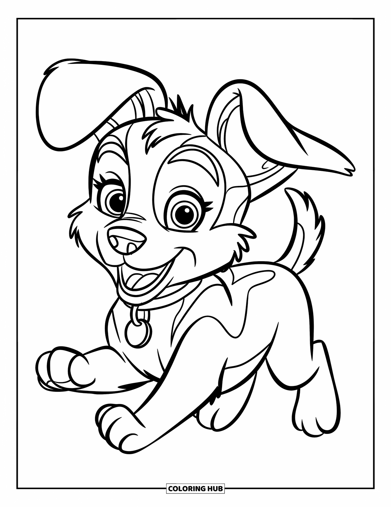 Husky Puppy Coloring Page for Kids: Playful pup with floppy ears runs with a shiny collar tag