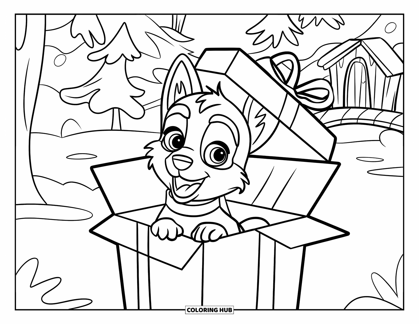 Husky Puppy Coloring Page for Kids: Playful puppy in a gift box near a hut and a snowy bridge