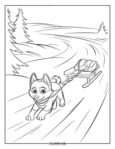 Coloriage de chiot husky pour enfants : Un chiot guide un petit traîneau chargé à travers les bois enneigés