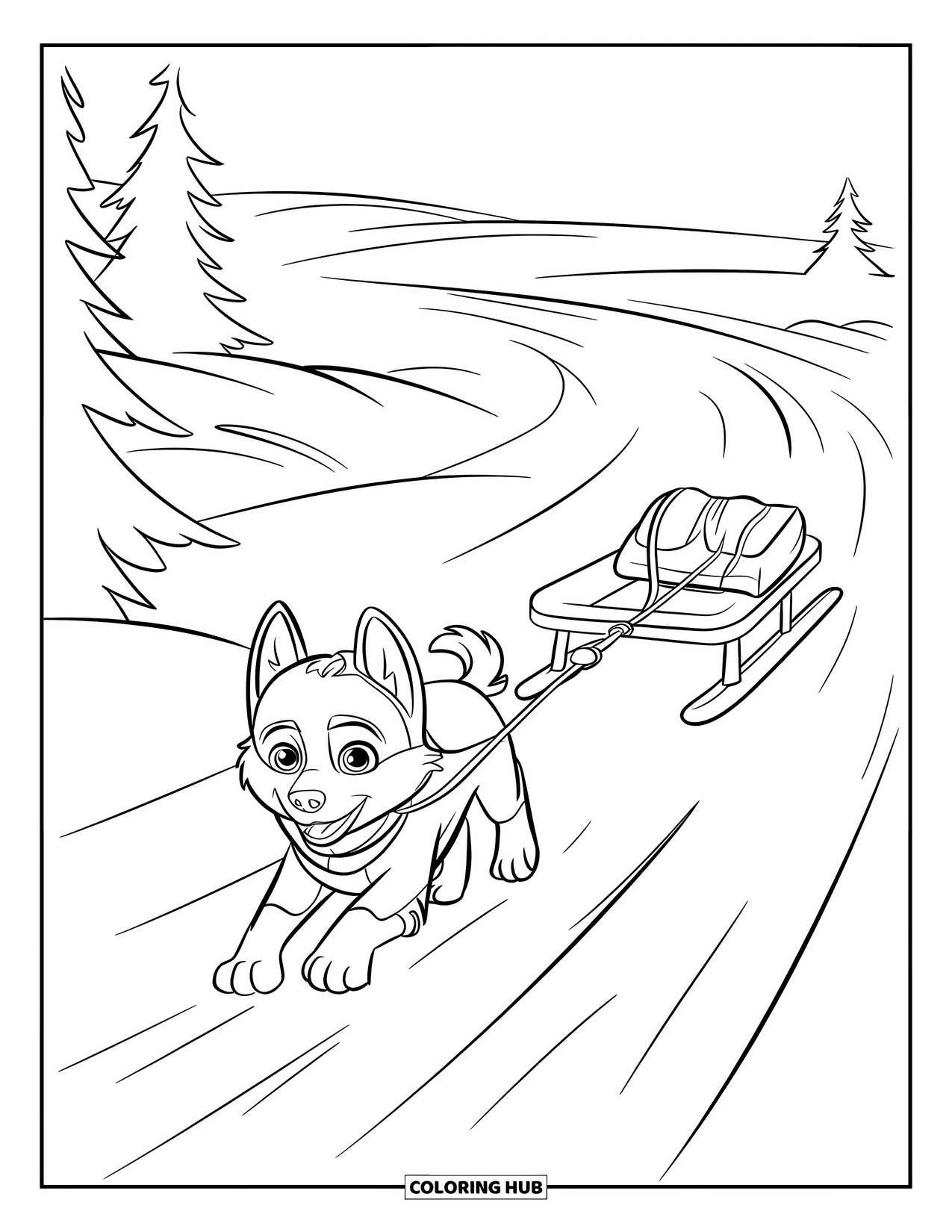 Husky Puppy Coloring Page for Kids: Pup leads a mini sled with bags through snowy woods