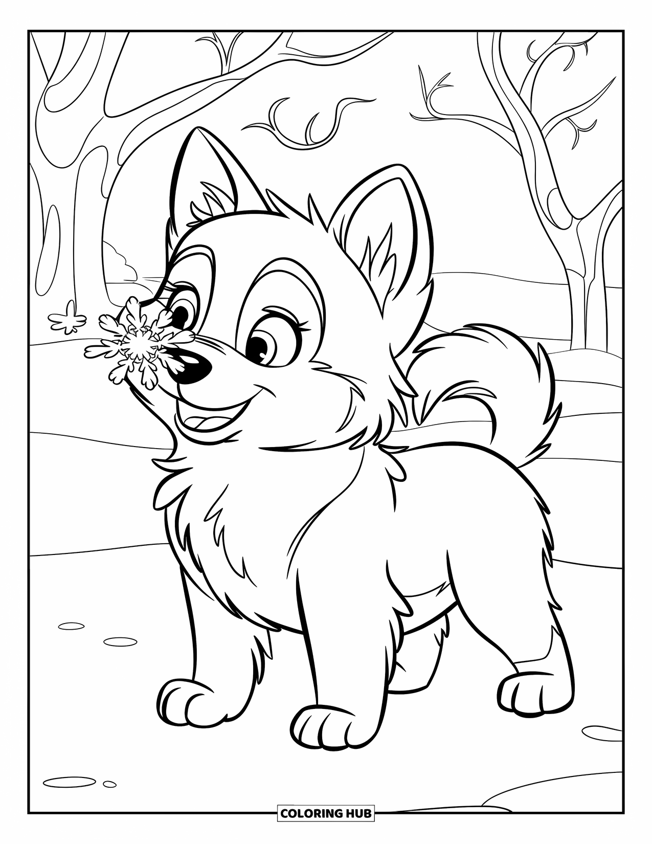Husky Puppy Coloring Page for Kids: Puppy catches snowflakes on its nose near bare-branched trees