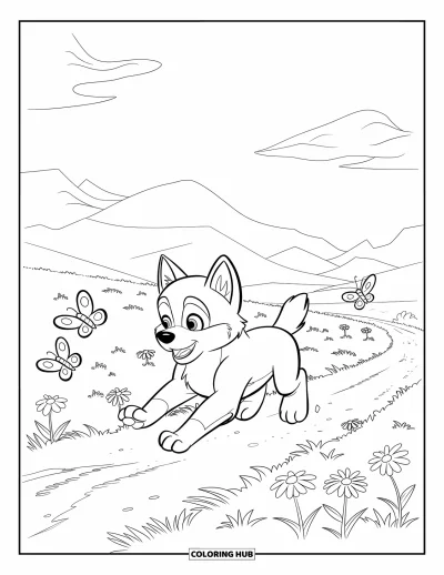 Coloriage de chiot husky pour enfants : Un chiot court après des papillons dans un pré de fleurs sauvages avec des montagnes