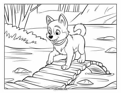 Coloriage de chiot husky pour enfants : Un chiot traverse un pont en bois au-dessus de l'eau avec des montagnes en arrière-plan