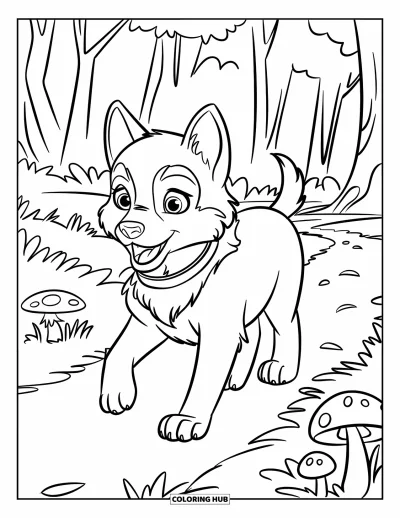 Coloriage de chiot husky pour enfants : Un chiot explore un sentier feuillu avec des champignons et de grands arbres