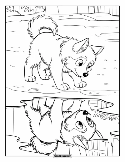 Coloriage de chiot husky pour enfants : Un chiot contemple une flaque reflétant des arbres et un bâtiment paisible