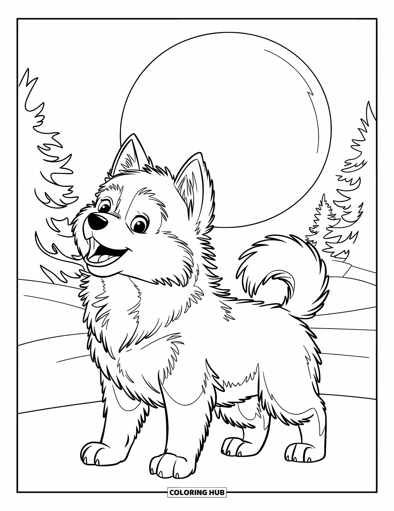 Husky Puppy Coloring Page for Kids: Puppy howling under a full moon on a snowy night
