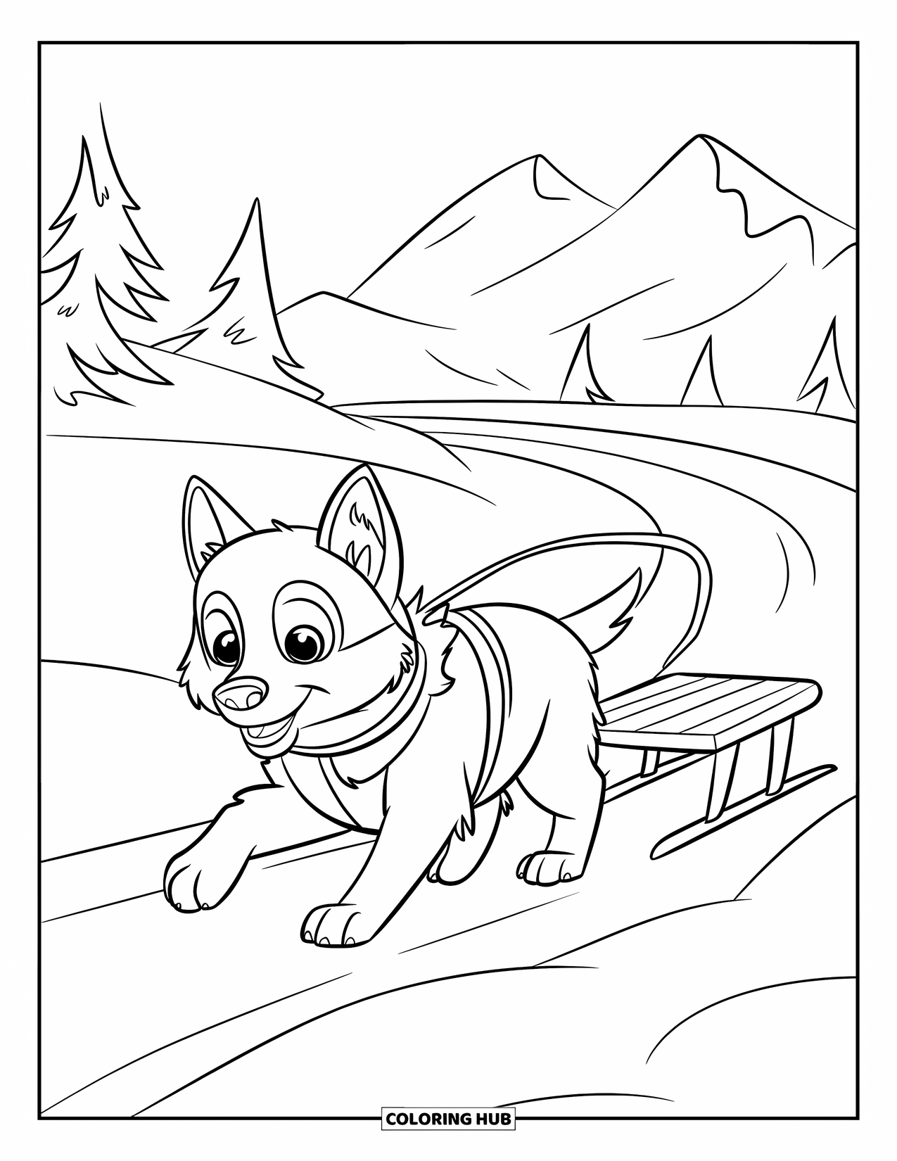 Husky Puppy Coloring Page for Kids: Puppy leads a sled down a snowy path past trees and mountains