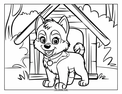 Coloriage de chiot husky pour enfants : Un chiot posé devant une niche en bois avec des contours bien marqués