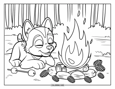Coloriage de chiot husky pour enfants : Un chiot se repose près d'un feu de camp réconfortant avec des guimauves et de grands arbres