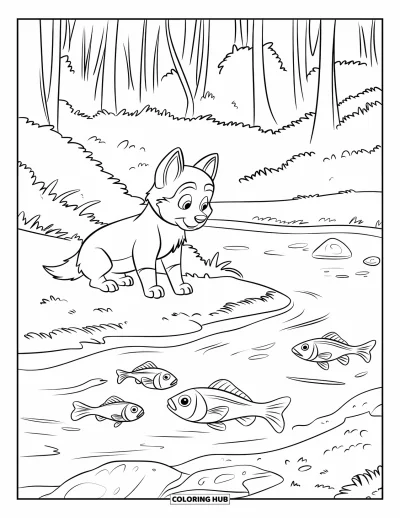 Coloriage de chiot husky pour enfants : Un chiot assis près d'un ruisseau limpide regarde des poissons dans l'eau calme