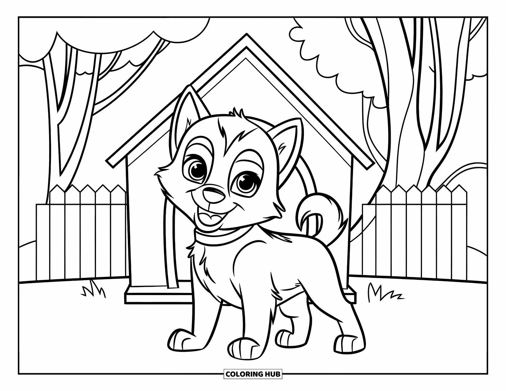Husky Puppy Coloring Page for Kids: Puppy stands proudly by its doghouse with trees and fence nearby