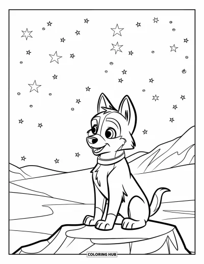 Coloriage de chiot husky pour enfants : Un chiot observe les étoiles depuis un rocher près des montagnes