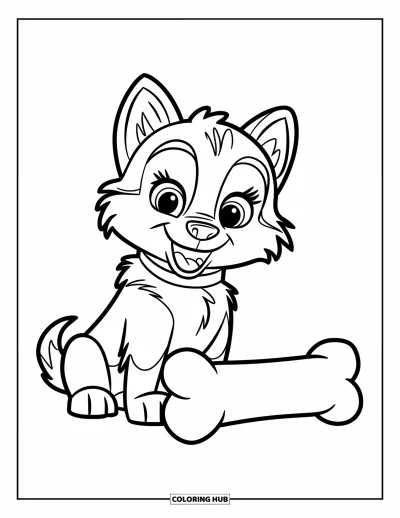 Coloriage de chiot husky pour enfants : Un chiot avec un grand os assis joyeusement sur un fond blanc