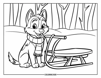 Coloriage de chiot husky pour enfants : Un chiot en écharpe assis près d'un traîneau dans un décor enneigé et calme