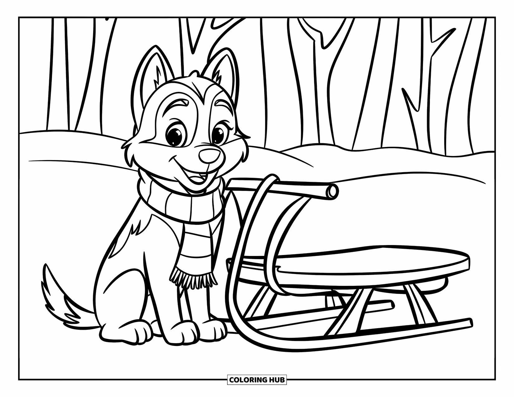 Husky Puppy Coloring Page for Kids: Puppy with a scarf sits near a sled in a quiet snowy scene