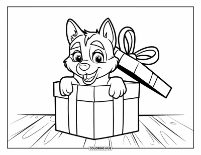Coloriage de chiot husky pour enfants : Un chiot aux grands yeux émerge d'une boîte cadeau sur une surface épurée