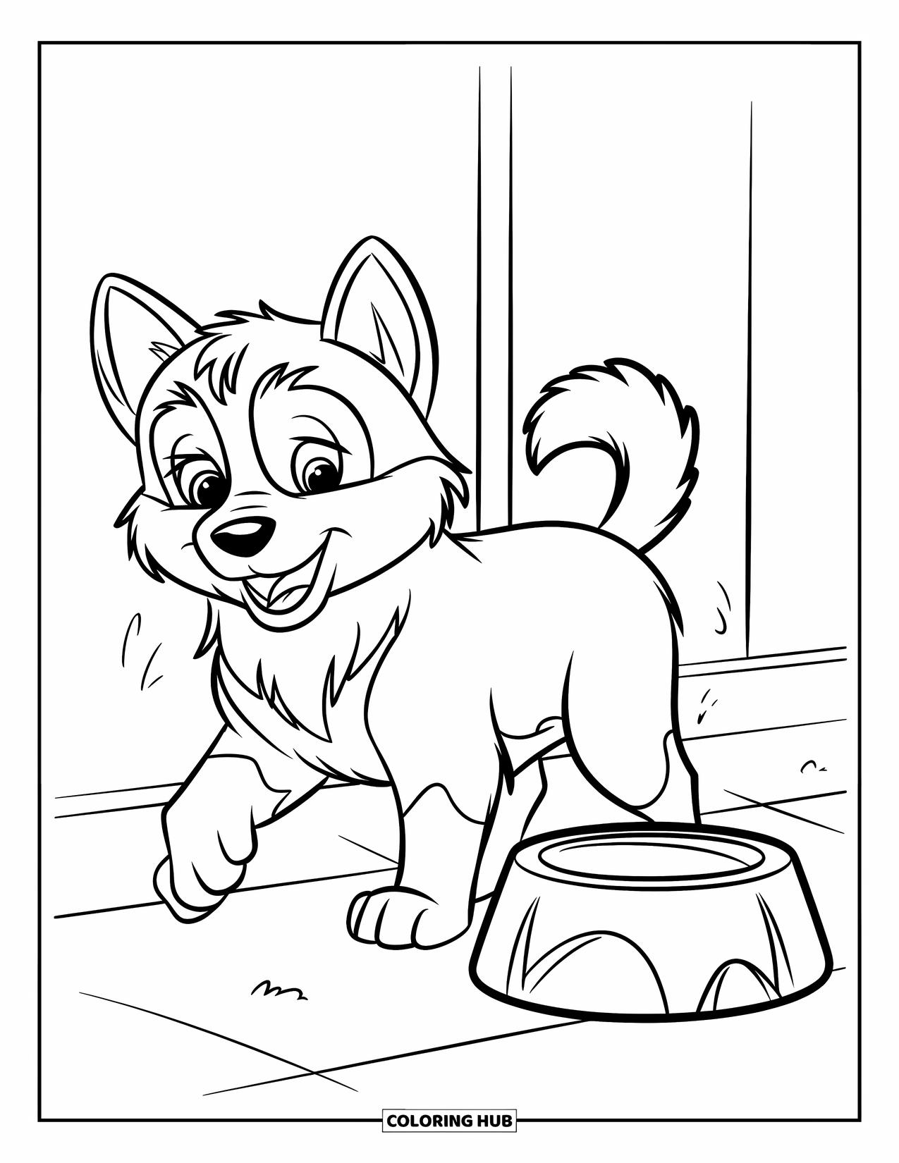 Husky Puppy Coloring Page for Kids: Puppy with big eyes stands by a bowl on a clean background