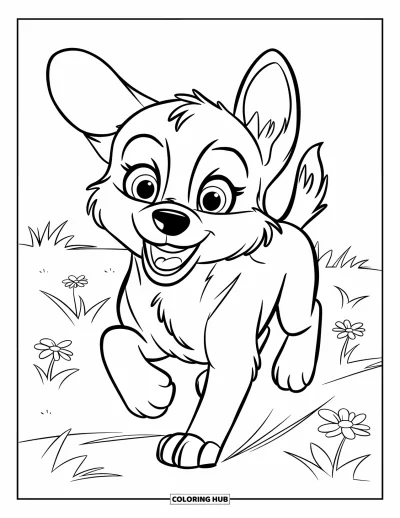 Coloriage de chiot husky pour enfants : Un chiot aux grands yeux court à travers les fleurs d'un pré