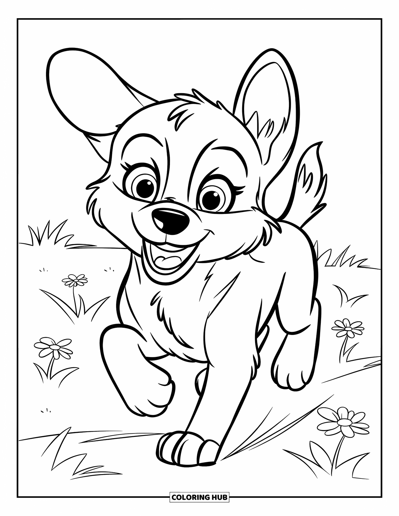 Husky Puppy Coloring Page for Kids: Puppy with bright eyes runs through flowers in a grassy field