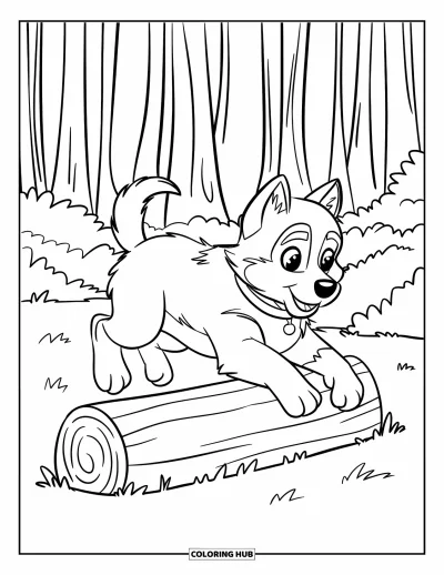 Coloriage de chiot husky pour enfants : Un chiot au pelage duveteux saute par-dessus un tronc parmi de grands arbres