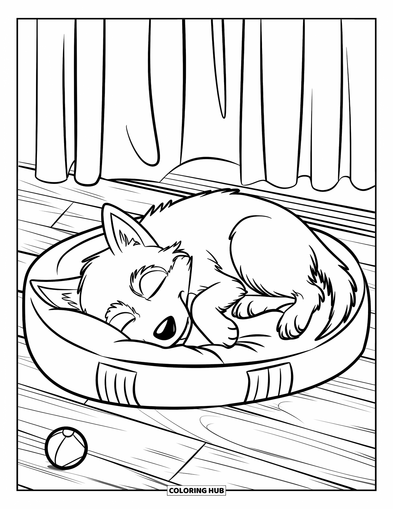 Husky Puppy Coloring Page for Kids: Sleeping husky on a soft bed near a ball and curtained window