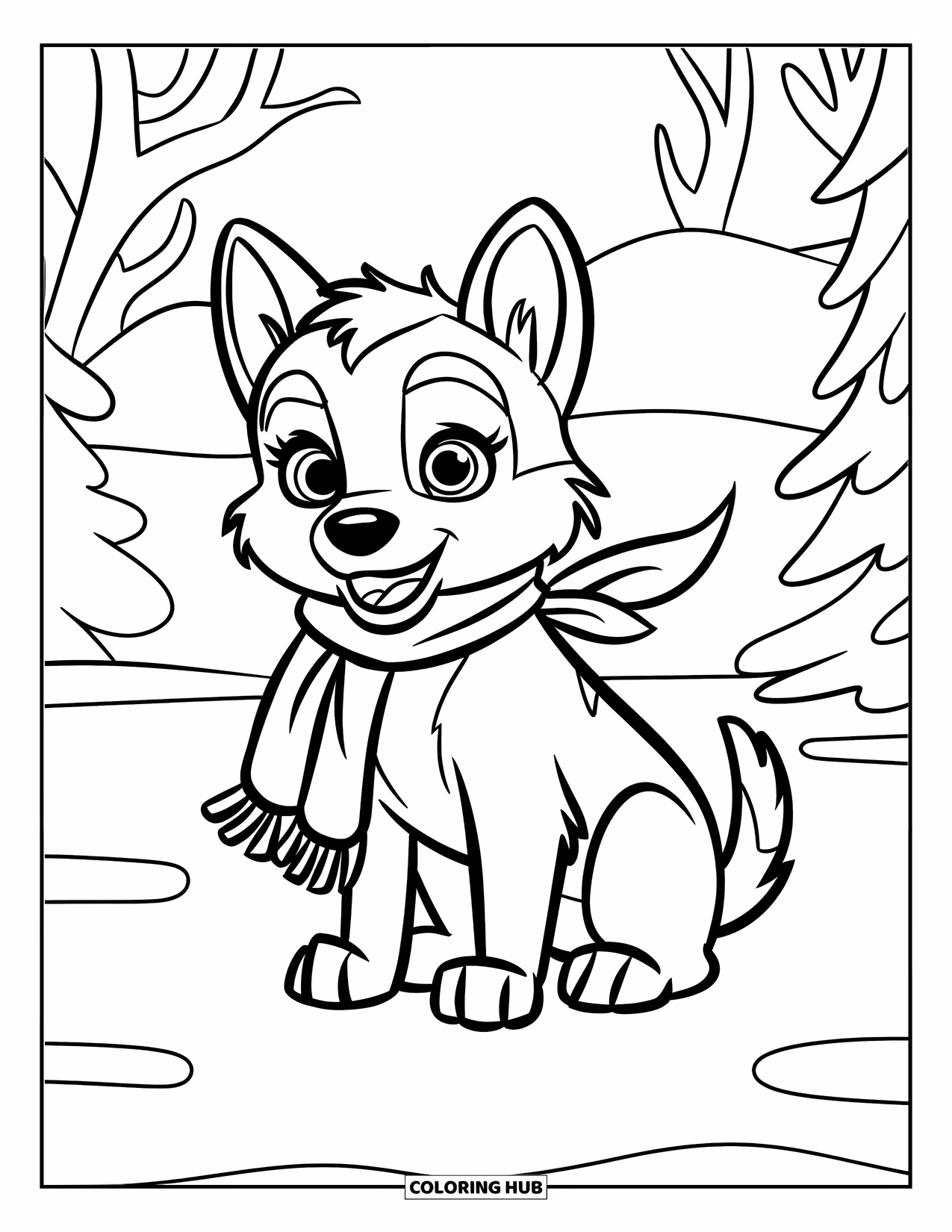 Husky Puppy Coloring Page for Kids: Smiling husky in a scarf sits on snow with trees in the background