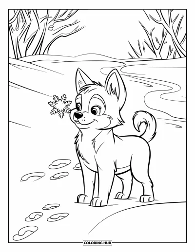 Coloriage de chiot husky pour enfants : Un chiot enneigé avec des empreintes de pattes attrape des flocons sur son museau